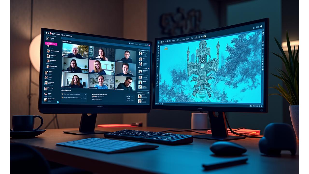 Centro de comunicación mostrando integraciones con Discord, Slack, y una pizarra digital colaborativa. Interfaz limpia y herramientas diversas.