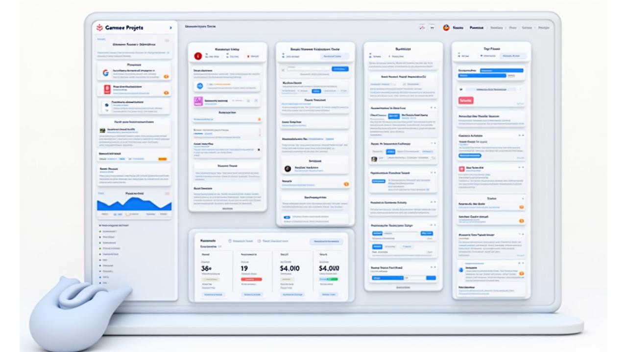 Panel de control de gestión de proyectos educativos con tableros Kanban, gráficos de progreso y tareas en un ambiente de desarrollo de juegos. Interfaz colorida y organizada.