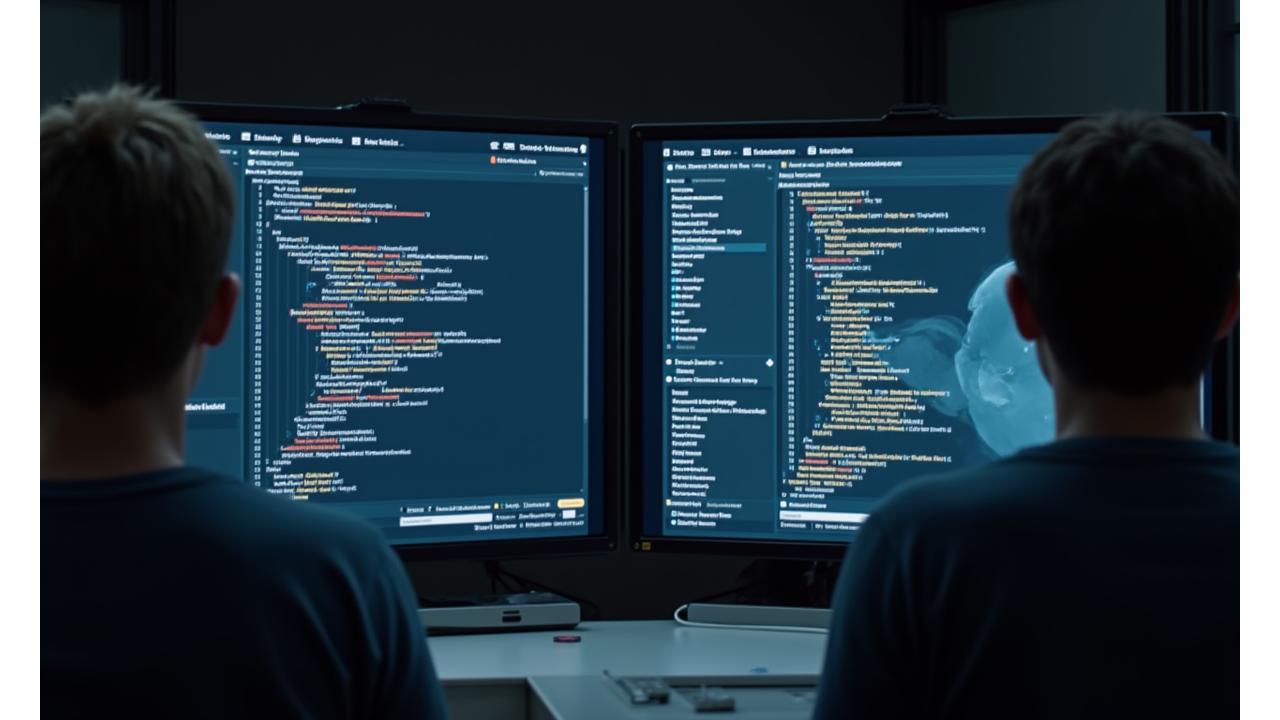 Interfaz de colaboración en tiempo real mostrando a múltiples desarrolladores editando código o activos de juego en una pantalla dividida. Gráficos de sincronización.