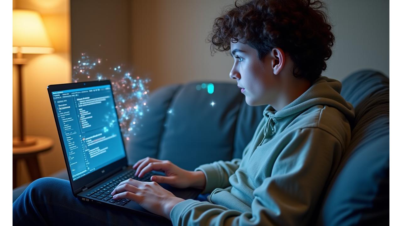 Estudiante trabajando en una laptop en un entorno remoto, con gráficos de rendimiento de red superpuestos. Ilustra la optimización para conexiones lentas.
