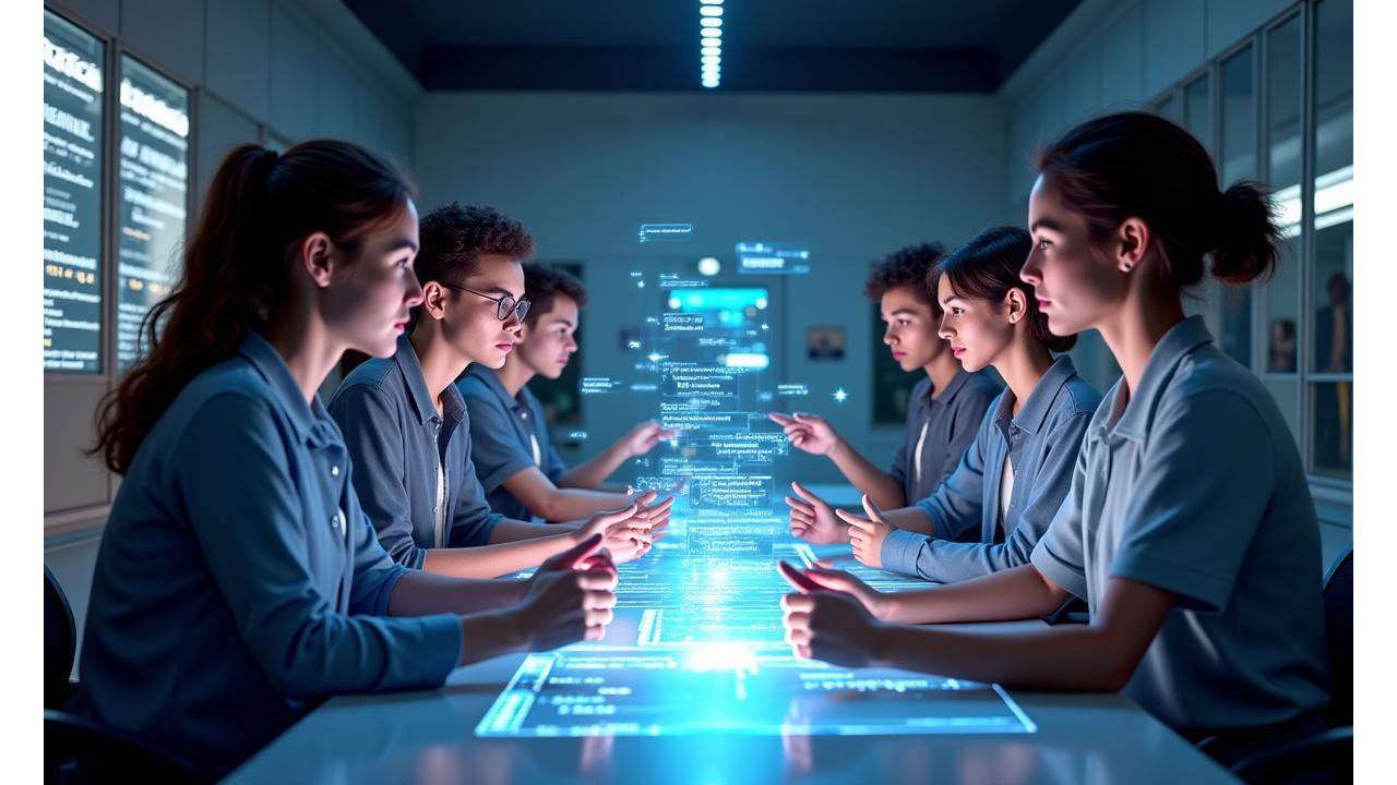 Tour interactivo de un entorno virtual de desarrollo de videojuegos con avatares de estudiantes colaborando en un proyecto de juego. Ambiente moderno y futurista.