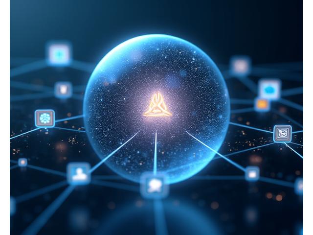Representación visual de múltiples formas de conectar, iconos de chat, teléfono y email flotando alrededor de un glifo de Quetzal Forge.