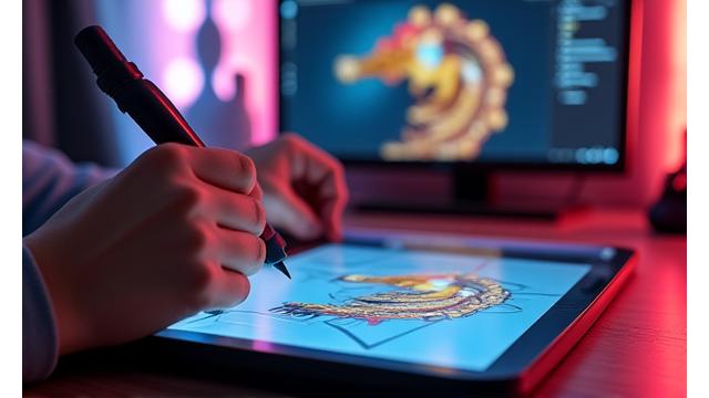Ilustración de artista digital creando texturas y modelos 3D