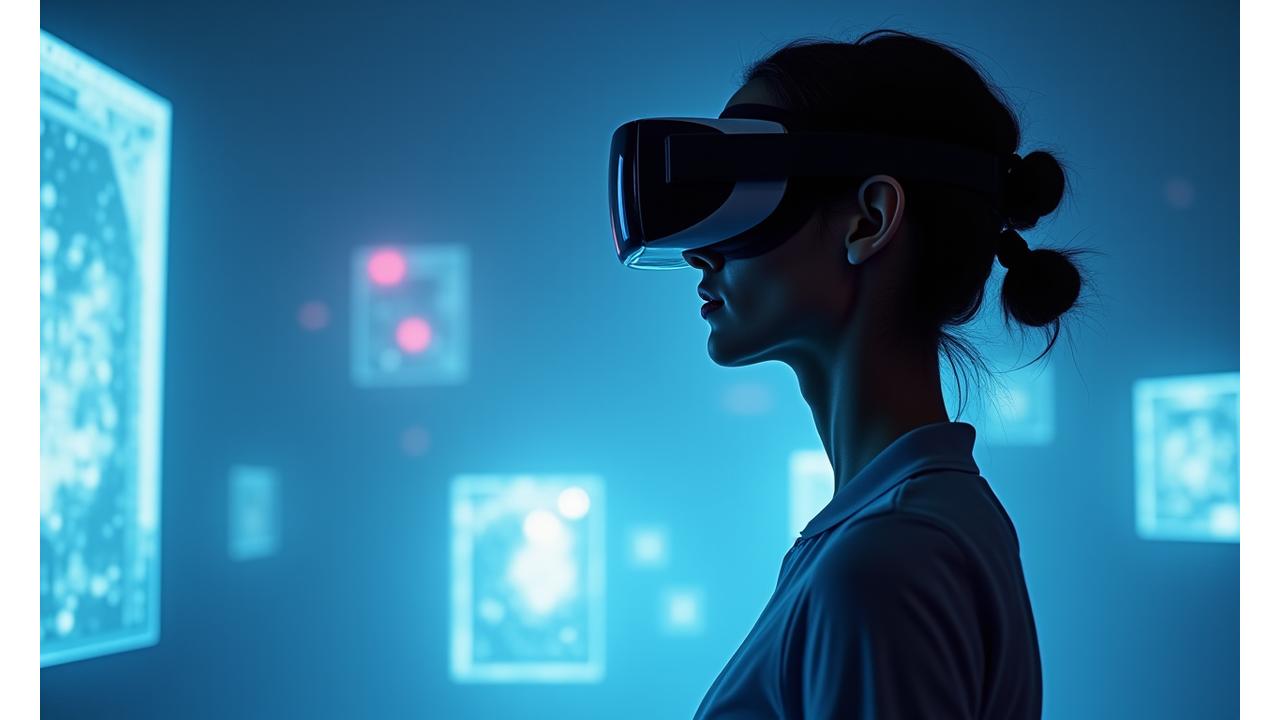 Persona usando gafas de realidad virtual o aumentada en un entorno interactivo