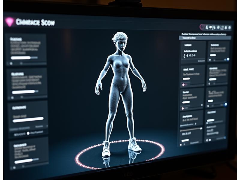 Interfaz de creación de personaje 3D con opciones de personalización, sliders para atributos y un avatar futurista en el centro.