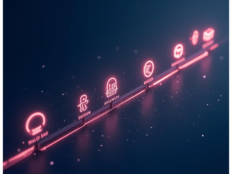 Línea de tiempo futurista con iconos que representan las fases de un proceso de consultoría: evaluación, diseño, prototipo, implementación y optimización.