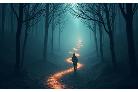 Un cruce de caminos en un bosque oscuro, simbolizando una decisión ética compleja en un escenario de relato ramificado.