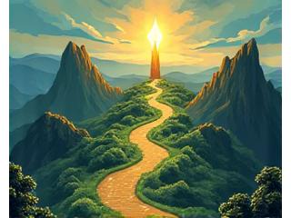 Ilustración del 'Viaje del Héroe', con etapas claramente definidas como un sendero en un mapa de fantasía.