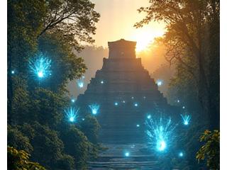 Antiguas ruinas mayas con un toque futurista, simbolizando una simulación histórica interactiva y avanzada.