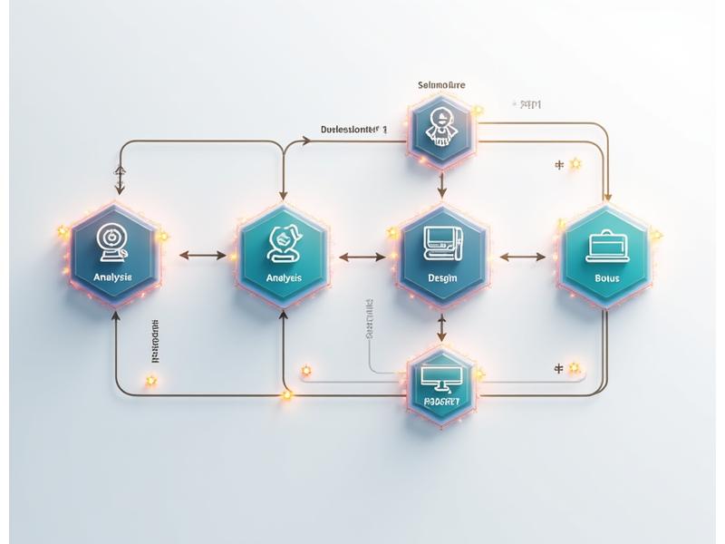 Diagrama de flujo interactivo que ilustra un modelo ADDIE adaptado para el aprendizaje basado en juegos, con iconos y conexiones dinámicas.
