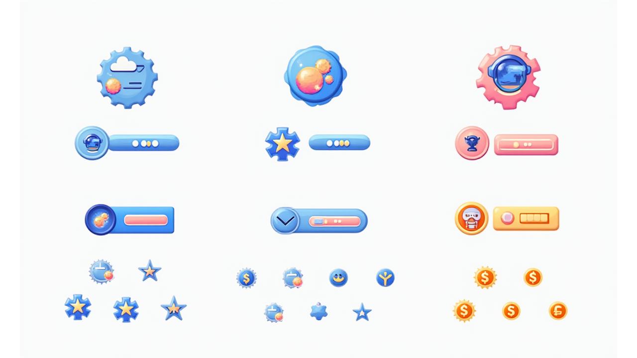Galería de elementos visuales de gamificación como insignias, barras de progreso y avatares, mostrando un diseño interactivo.