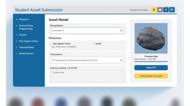 Interfaz de sistema de envío de assets por estudiantes, mostrando opciones de categorización y moderación.