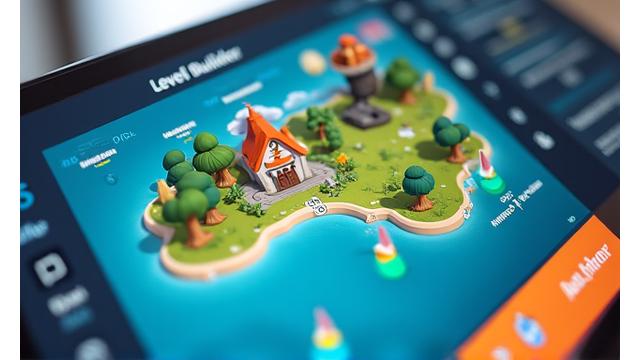 Previsualización interactiva de Quetzal Forge Level Builder mostrando una interfaz limpia y herramientas de arrastrar y soltar para crear niveles de videojuegos.