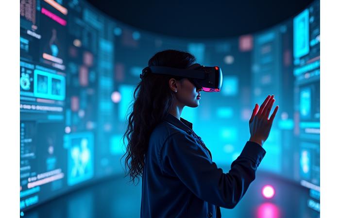 Persona utilizando auriculares de realidad virtual, con gráficos educativos flotando en el espacio virtual.