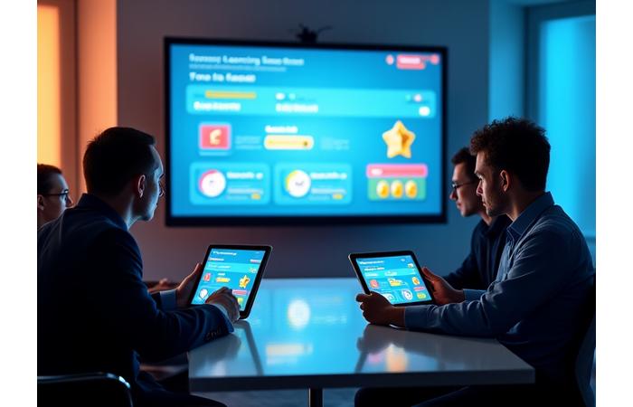 Profesionales en un entorno de oficina moderna interactuando con una tablet mostrando contenido educativo gamificado.