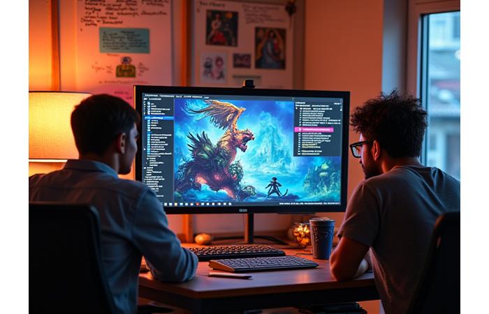 Equipo de desarrolladores indie colaborando en una acogedora oficina, proyectando el diseño de su juego en una pantalla grande.
