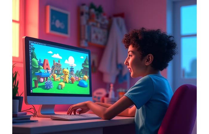 Niño o adolescente creando un juego en Roblox Studio en una computadora, rodeado de elementos de juego 3D.