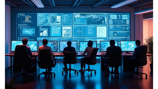 Monitores interconectados mostrando un entorno de desarrollo colaborativo de videojuegos, con varias personas trabajando en equipo.