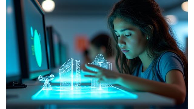 Estudiante interactuando con un tutorial de desarrollo de juegos en una interfaz futurista.