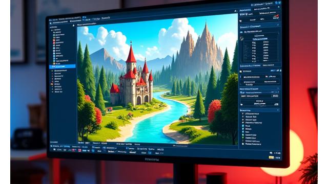 Interfaz de software de construcción de niveles con herramientas de arrastrar y soltar, creando un paisaje de juego.