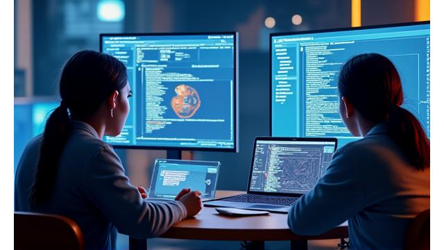 Grupo de estudiantes colaborando en un entorno de desarrollo de software, con código y gráficos de juegos proyectados.