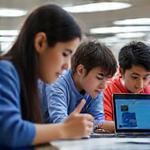Grupo de estudiantes trabajando en laptops en un ambiente colaborativo.