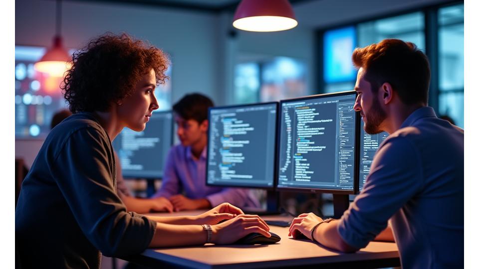 Equipo de desarrolladores colaborando en tiempo real en un proyecto de Roblox en múltiples pantallas
