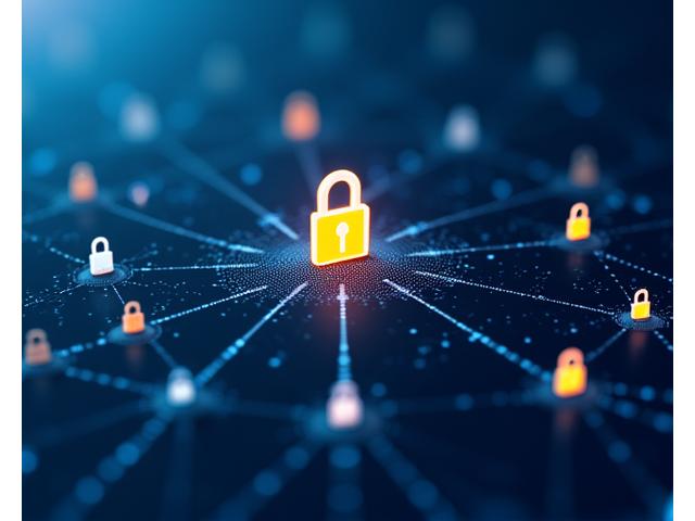 Ilustración abstracta de flujos de datos seguros con iconos de candado y personas, destacando la protección de la información personal
