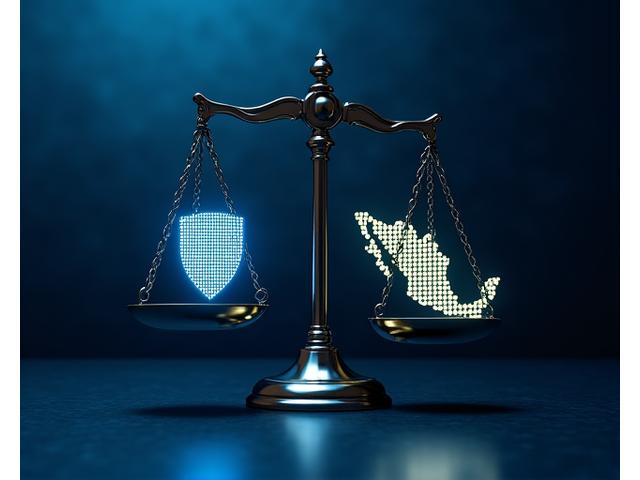Imagen conceptual de la balanza de la justicia equilibrando un escudo de datos y un mapa estilizado de México, simbolizando la ley de protección de datos mexicana