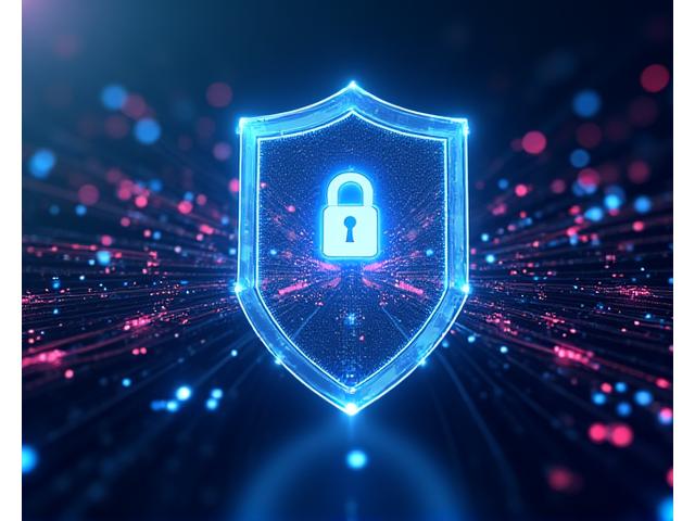 Representación visual de un escudo digital protegiendo una red de datos interconectados con símbolos de encriptación y firewalls, en colores oscuros y luces brillantes