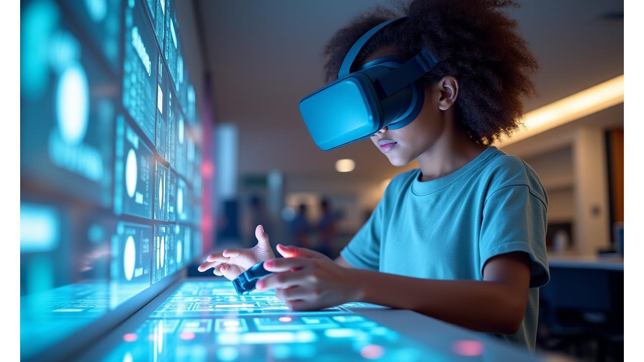 Estudiante interactuando con un entorno de desarrollo de juego VR inmersivo