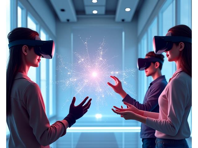 Equipo de estudiantes colaborando en tiempo real dentro de un espacio de trabajo VR compartido