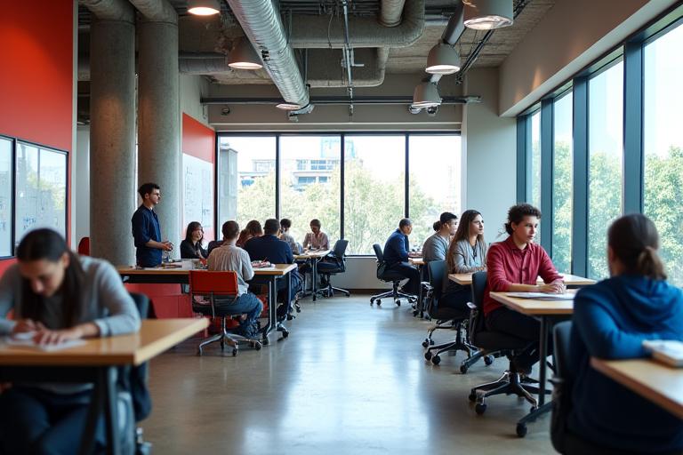 Interior moderno y vibrante del campus de Quetzal Forge en Roma Norte, Ciudad de México, con equipos colaborando