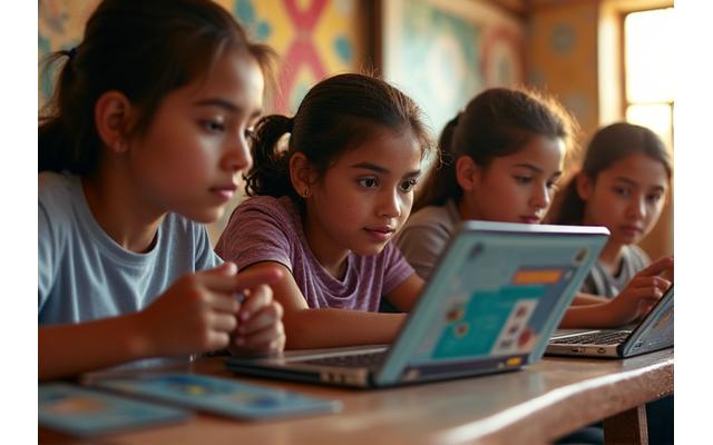 Jóvenes estudiantes de diversas comunidades participando en un taller de desarrollo de videojuegos con laptops, simbolizando el programa de becas de Quetzal Forge.