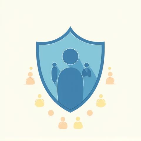 Icono estilizado de un escudo protegiendo a una familia o un grupo de personas jóvenes, simbolizando la seguridad para menores de edad en plataformas online.